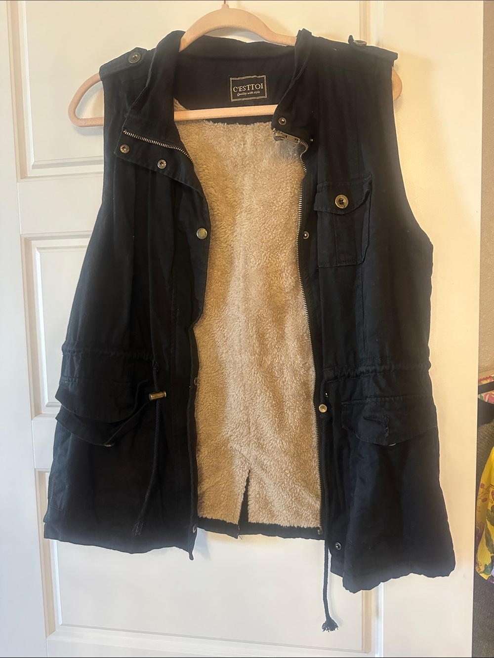 C’esttoi Black Sherpa-Lined Utility Vest